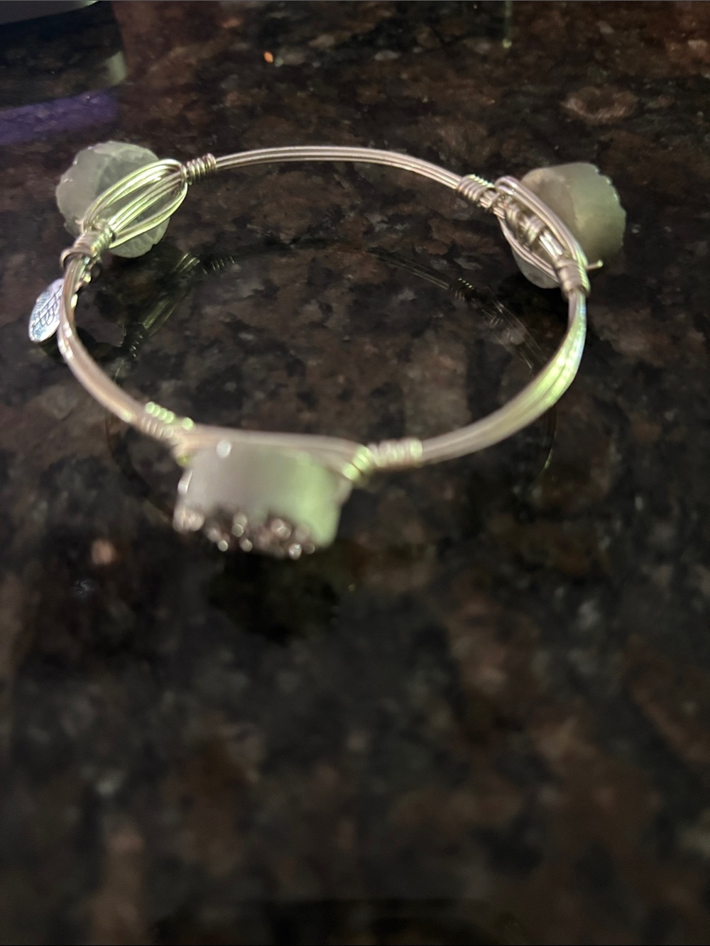 Bourbon & Boweties Silver Tone Druzy Quartz Wire Bangle Bracelet BB Charm